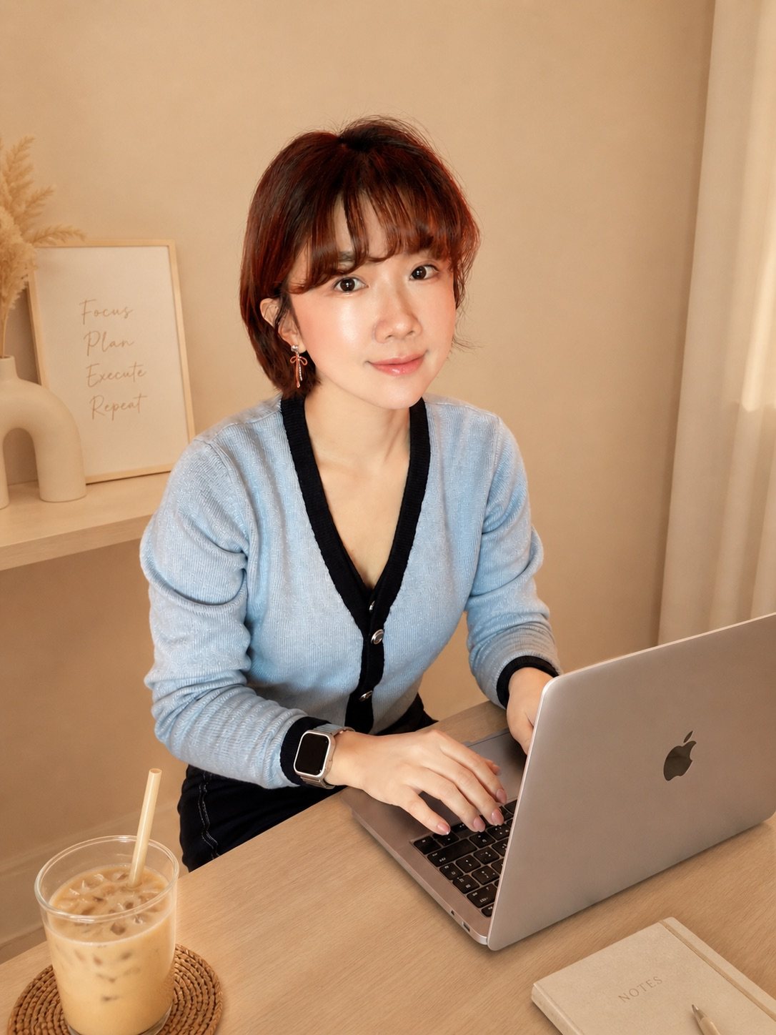 Yuki 在書桌前工作
